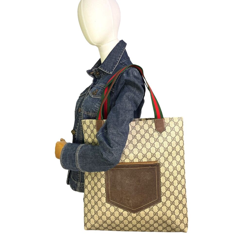 Vintage Gucci Sherry Line GG Supreme Web Stripe Pocket Tote Bag Shopper Italy
